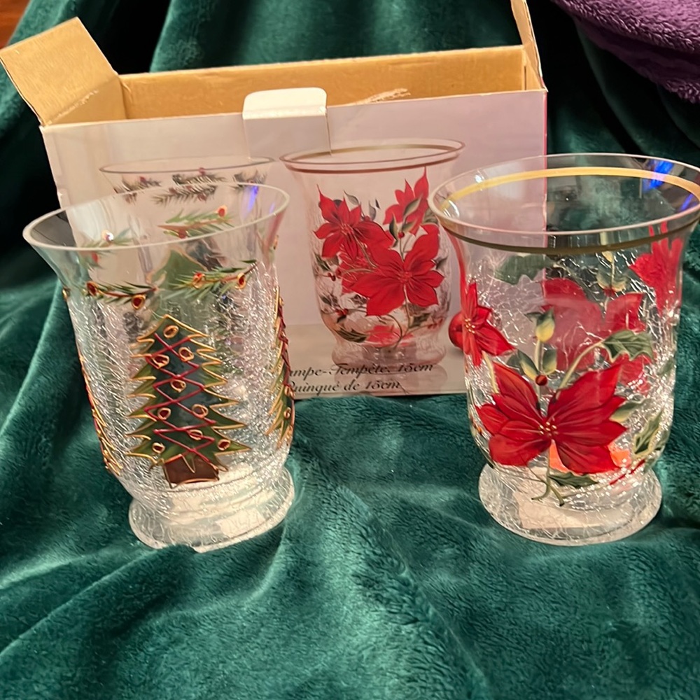 Set of 2 holiday Hurricanes. Tea candles included